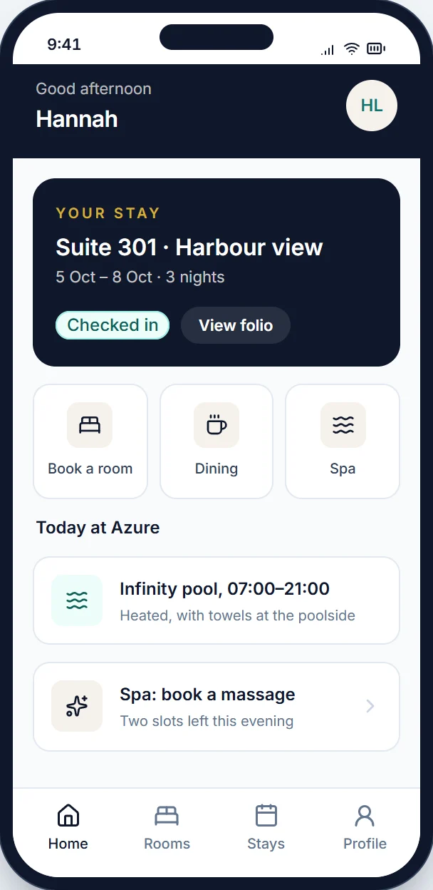 Azure guest mobile app showing the stay summary and room search