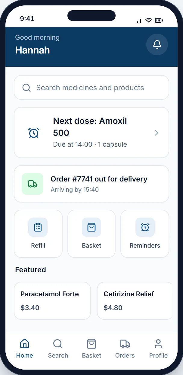 Clearwell customer app showing reminders, a delivery in progress and featured medicines