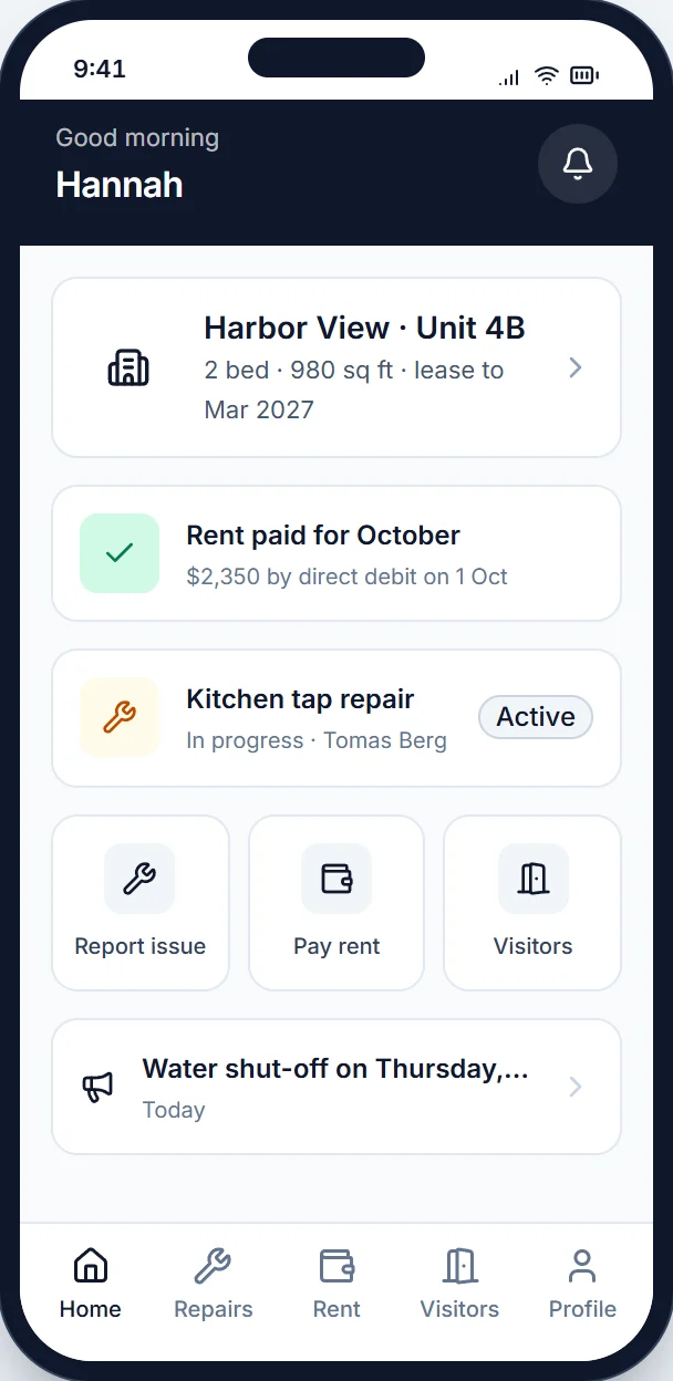 Keystone resident app showing the rent status, a repair in progress and building announcements